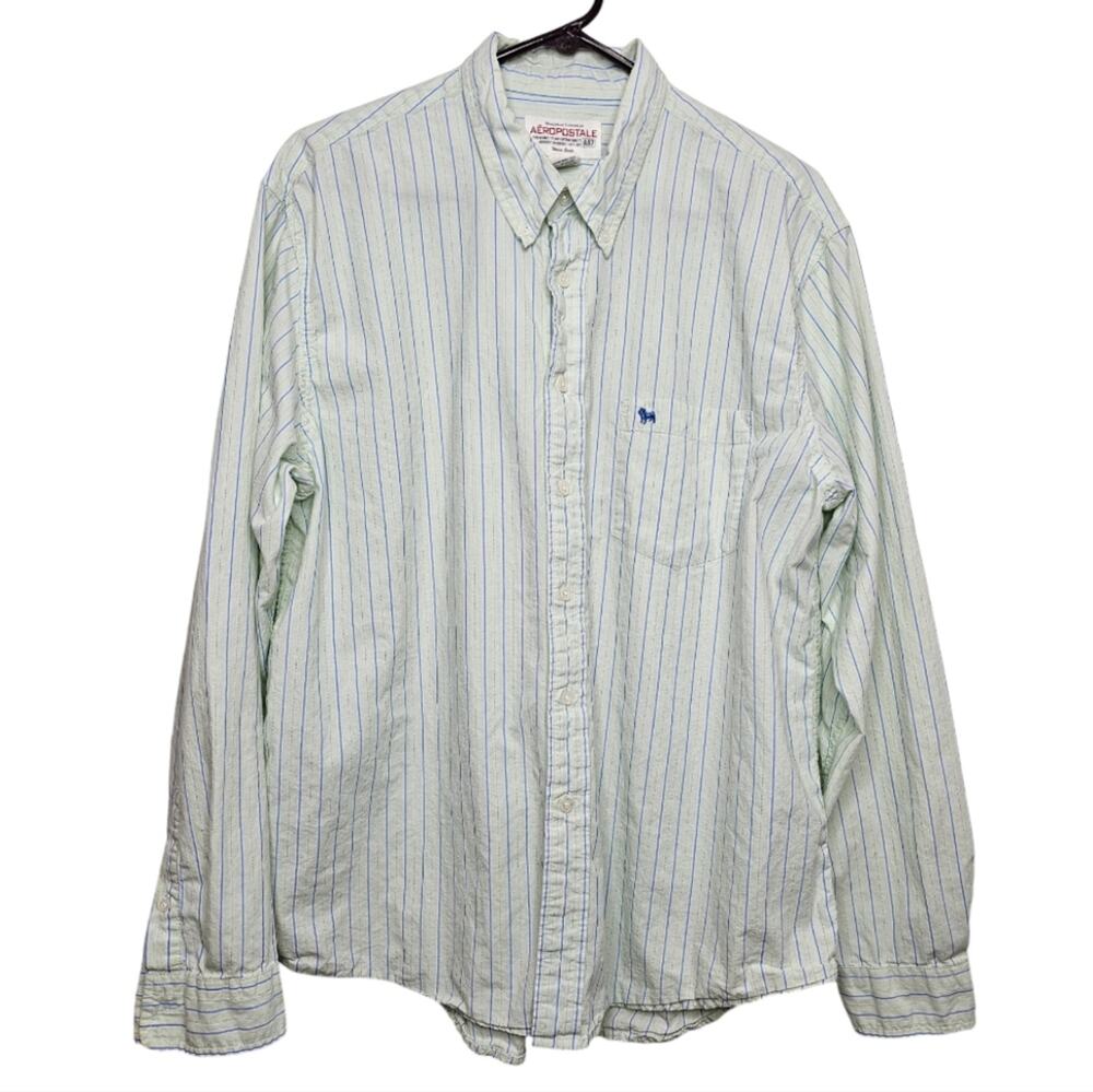 Aeropostale Button Up Green Shirt with Blue Stripes Breast Pocket Dog Logo Large